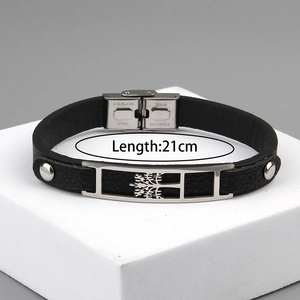Men's minimalist stainless steel tree of life black leather bracelet, 21cm length