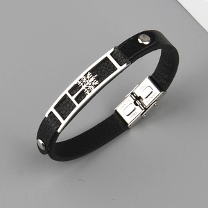 Tree Of Life Stainless Steel Leather Bracelet Minimalist Unisex Wristband With Hollow Pattern Litchi Texture Punk
