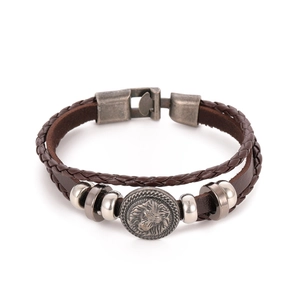 Men's vintage brown braided leather bracelet with silver lion head relief and metal clasp