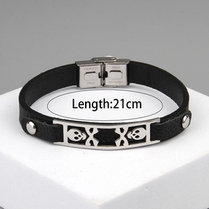 Men's punk black leather bracelet with stainless steel skull plate and clasp 21cm