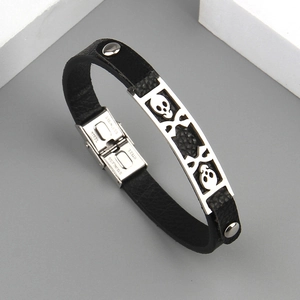 Punk Skull Leather Bracelet For Men With Stainless Steel Hollow Plate Gothic Rock Jewelry Black