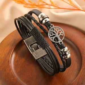 Vintage multilayer leather bracelet with tree of life charm for men and women