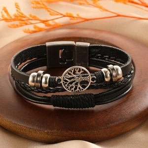 Retro multi-layer leather woven bracelet for men with Tree of Life metal charm