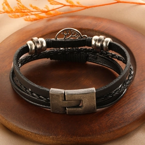 Retro multi-layer leather tree of life bracelet for men with vintage metal clasp