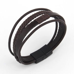 Handmade multilayer brown leather bracelet for men with matte black magnetic buckle