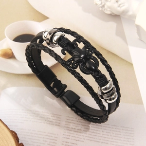 Retro punk men's black multi-layer braided leather bracelet with octopus charm