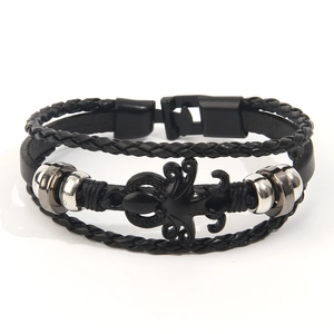 Retro punk black leather octopus bracelet with multi-layer braided beads and magnetic clasp