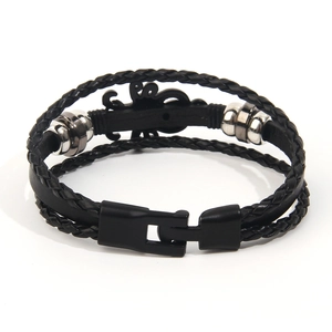 Punk multilayer leather bracelet with silver beads and black scorpion charm accent