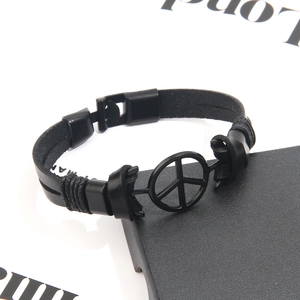 Unisex schwarzes Lederarmband mit Friedenszeichen und Metallschnalle im Punk-Stil