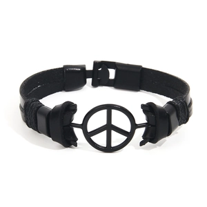 Unisex schwarzes Lederarmband mit Friedenszeichen und doppeltem Verschluss