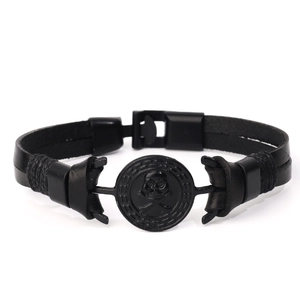 Vintage punk skull braided leather bracelet for men with black metal buckle clasp