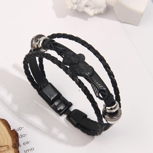 Men's multilayer black braided leather bracelet with arrow metal charms and a clasp