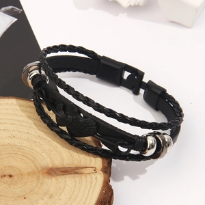 Retro multi-layer woven black leather bracelet with silver beads and heart infinity charm