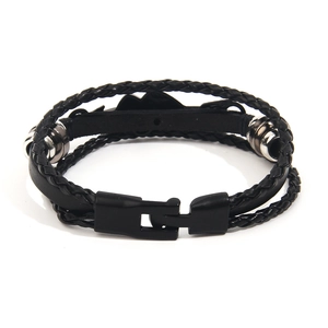 Men's multilayer braided black leather bracelet with sleek black metal buckle closure