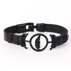 Punk Braided Leather Bracelet With Round Alloy Feather Charm Retro Fashion Wristband For Men And Women
