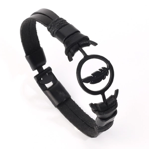 Double-layer black braided leather feather bracelet with metal ring and clasp