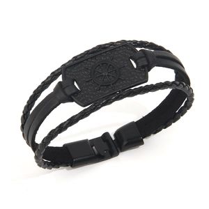 Retro Braided Leather Bracelet Men Punk Nautical Helm Alloy Plate Charm Multilayer Black Wristband Jewelry