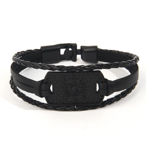 Mens multi-layer black braided leather bracelet with vintage nautical ship wheel charm