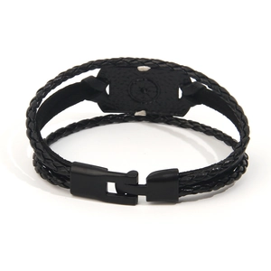 Men's retro black braided leather bracelet with multilayer design and metal buckle