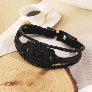 Retro black multi-layer braided leather bracelet with nautical rudder metal plate charm