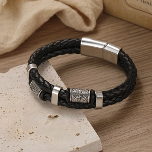 Braided black leather men's bracelet with vintage engraved beads and magnetic metal clasp