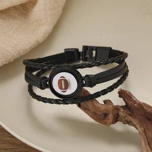 Handmade multilayer black woven leather rugby fan bracelet with metal magnetic clasp