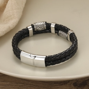 Mens black braided leather bracelet with vintage engraved metal beads and magnetic clasp