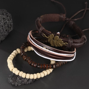 Bracelet Vintage En Cuir Et Perles De Bois Breloque Feuille En Alliage Tressé Multicouche Style Bohème Ethnique Unisexe