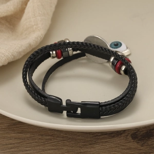 Multilayer braided black leather bracelet with evil eye charm and metal clasp