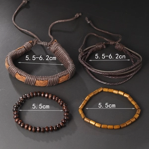 Detail view of retro braided leather bracelets and wooden beads with dimension measurements