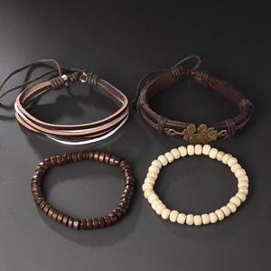 Ensemble de 4 bracelets vintage en cuir tressé avec pendentif feuille et perles bois