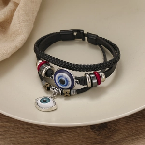 Multilayer black woven leather Evil Eye bracelet with silver beads and red accents