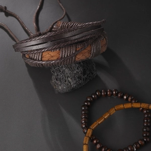 Retro multi-layer leather wrap bracelet set with hand-woven beads and natural wood accents