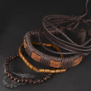 Multilayer vintage leather bracelet set with woven bands and wooden beads for men