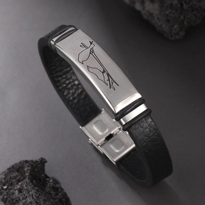 Men Leather Bracelet Stainless Steel Bird Engraved Plate Black Cord Jewelry Simple Personalized Bangle For Unisex