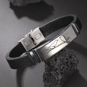 Men's black leather bracelet with birds engraved on stainless steel plate