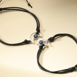 Handmade wax cord evil eye bracelets with moon and star pendants for couples