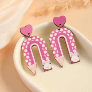 Wooden Pencil U Shaped Dangle Earrings Rainbow Polka Dot Rabbit Teacher Appreciation Gift Heart Charm Jewelry