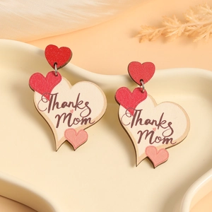 Wooden Heart Dangle Earrings Thanks Mom Letter Print Layered Heart Shaped Mother Day Jewelry Gift For Women