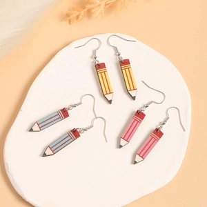 Creative wooden pencil earrings set in yellow, blue and pink with silver hooks