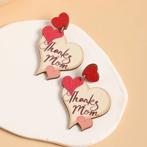 Wooden heart drop earrings with Thanks Mom print for Mother's Day gift jewelry