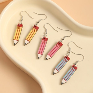 Three pairs of wooden pencil earrings in yellow, pink and blue for teachers' gift