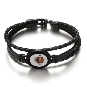 Men's multi-layer woven black leather bracelet with brown american football pattern