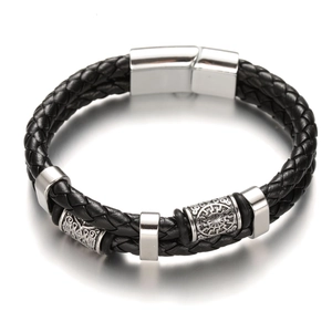 Double-layered braided black leather bracelet with vintage magnetic clasp and metal charms