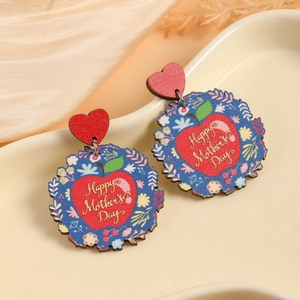 Boucles Oreilles Pendantes Cœur Bois Fête Des Mères Imprimé Pomme Fleur Cadeau Pour Femmes Bijoux Festifs