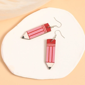 Boucles d'oreilles mignonnes en bois motif crayon rose pour enseignante