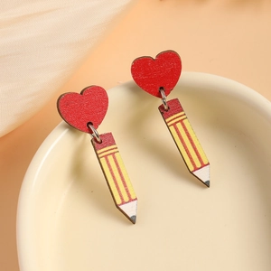 Creative wooden earrings with red heart and yellow pencil pendant for Teacher Appreciation Day