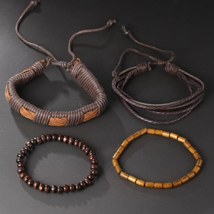 Retro handmade braided leather bracelet set with ethnic style wooden beads for men