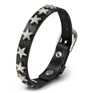 Bracelet punk en cuir noir avec rivets étoiles argentés et boucle réglable en métal