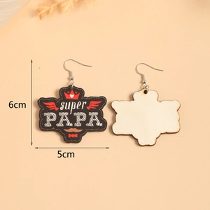 Detail of wooden Super PAPA earrings with red crown print and dimensions marking